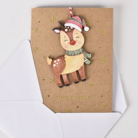 Kartka na wita Boego Narodzenia z drewnian zawieszk RENIFER