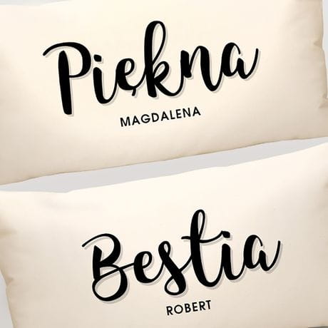 Baweniane poduszki personalizowane PIKNA I BESTIA prezent dla pary