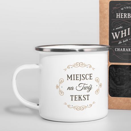 Herbata o aromacie whisky i kubek emaliowany TWJ TEKST