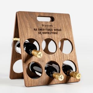 Drewniany stojak na butelki wina PREZENT Z OKAZJI PRZEJCIA NA EMERYTUR