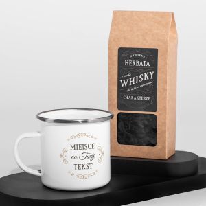 Herbata o aromacie whisky i kubek emaliowany TWJ TEKST
