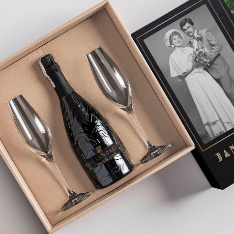 Box prezentowy Prosecco z kieliszkami PREZENT NA 50 ROCZNIC LUBU