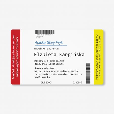 Zestaw cukierki mitowe z etykiet do naklejenia MISJA: UMIECH mieszny prezent na urodziny, fajny prezent na urodziny