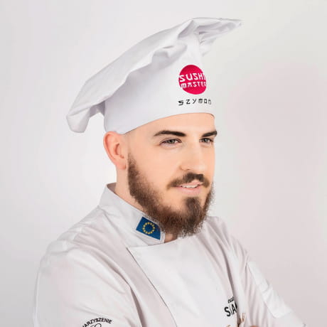 Czapka kucharska z nadrukiem SUSHI MASTER prezent dla mionika sushi czapka szefa kuchni prezent dla szefa kuchni