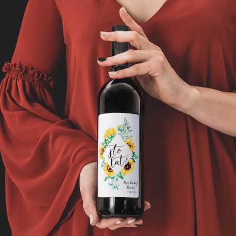 Czerwone wino personalizowane SŁONECZNIKI prezent na imieniny dla żony