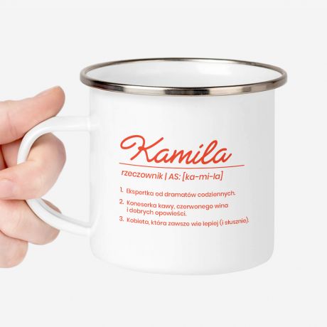 Emaliowany kubek z imieniem RZECZOWNIK personalizowany kubek prezent dla kawosza prezent dla mionika kawy