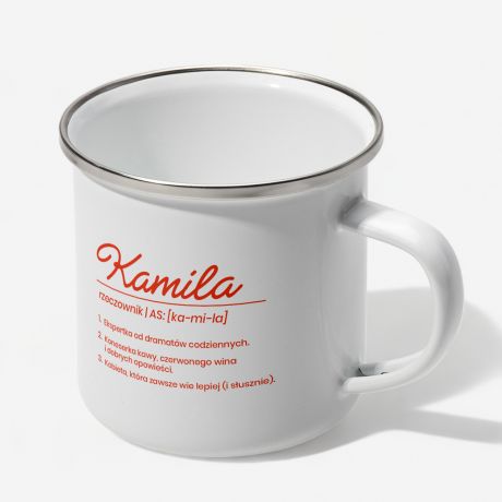 Emaliowany kubek z imieniem RZECZOWNIK personalizowany kubek prezent dla kawosza prezent dla mionika kawy