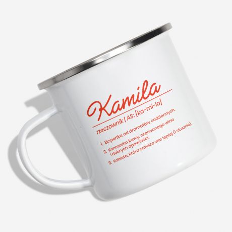 Emaliowany kubek z imieniem RZECZOWNIK personalizowany kubek prezent dla kawosza prezent dla mionika kawy