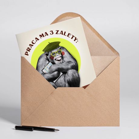 mieszna kartka dla kolegi z pracy PRACA MA ZALETY mieszny prezent dla kolegi z pracy