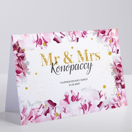 Kartka ślubna personalizowana MR & MRS różowe kwiaty