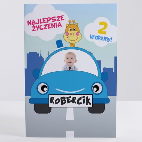 Kartka urodzinowa dla chopca SAMOCHODZIK ze zdjciem upominek dla chopca upominek urodzinowy