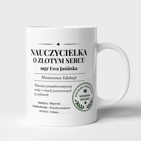 Kubek NAUCZYCIEL O Z�OTYM SERCU prezent na Dzie� Nauczyciela prezent dla nauczyciela