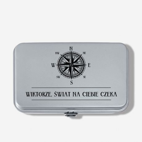 Metalowe pudeko na drobiazgi PREZENT DLA PODRӯNIKA szare