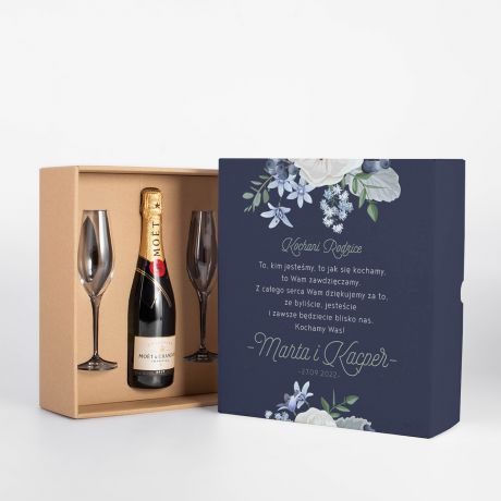 Zestaw prezentowy dla rodziców NA PODZIĘKOWANIE szampan z kieliszkami