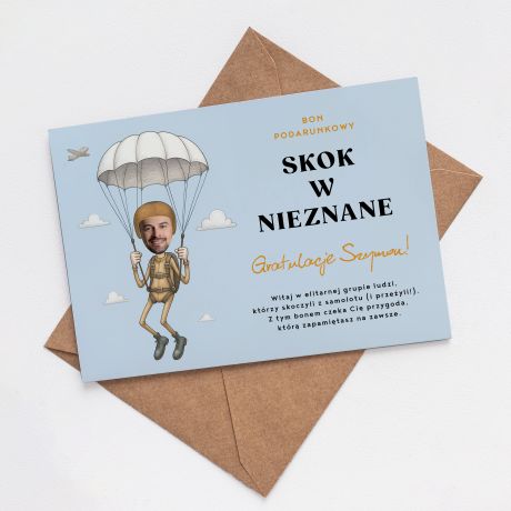 Personalizowana kartka BON na lot ze spadochronem kartka z humorem upominek personalizowany dla niej dla niego