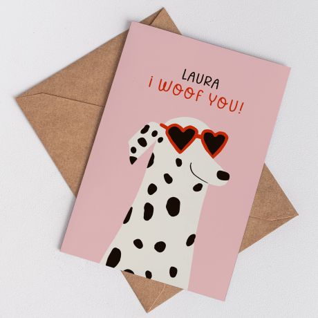 Personalizowana kartka dla psiary WOOF YOU prezent dla psiary kartka urodzinowa z psem