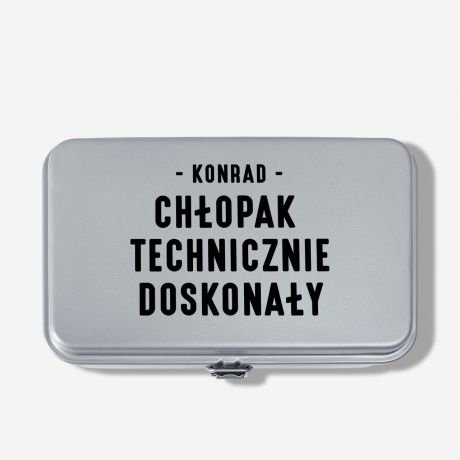Personalizowana skrzynka szara TECHNICZNIE DOSKONAY praktyczny prezent dla chopaka