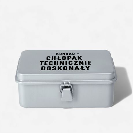 Personalizowana skrzynka szara TECHNICZNIE DOSKONAY praktyczny prezent dla chopaka