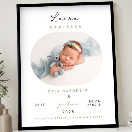 Personalizowany plakat metryczka ze zdjciem PREZENT NA NARODZINY DZIECKA