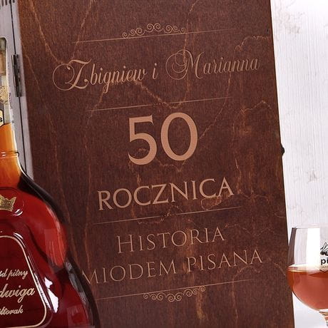 Personalizowany mid pitny z kieliszkami HISTORIA prezent na 50 rocznic lubu prezent z okazji 50 rocznicy lubu