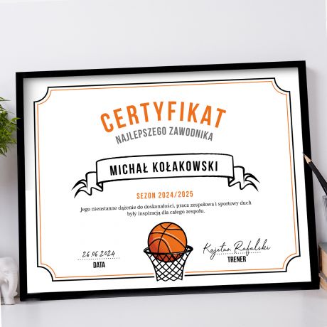 Personalizowany plakat CERTYFIKAT prezent dla koszykarza mvp