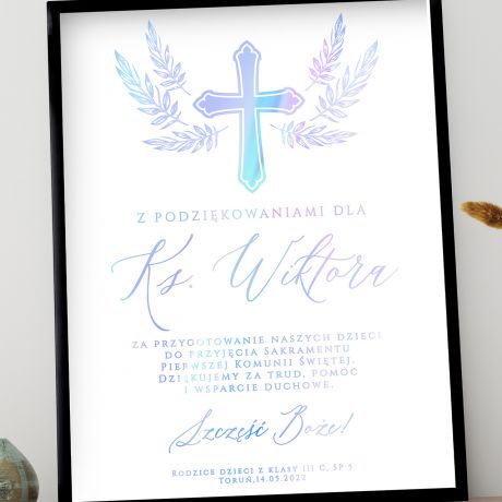 Plakat na PODZIKOWANIE DLA KSIDZA ZA KOMUNI holograficzny prezent dla ksidza na Komuni