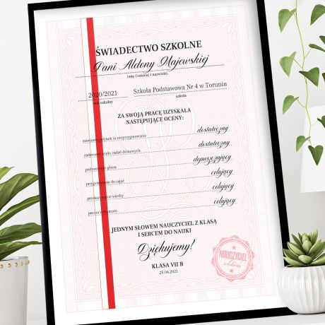 Plakat personalizowany DYPLOM DLA NAUCZYCIELA prezent na zakoczenie szkoy prezent dla nauczyciela