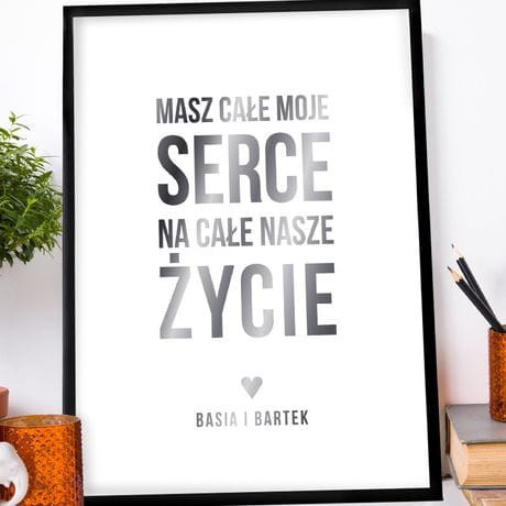 Plakat z uszlachetnieniem srebrny SERCE I MIO prezent dla ony z okazji lubu