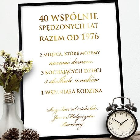 Plakat z uszlachetnieniem PREZENT NA 40 ROCZNICĘ ŚLUBU złoty