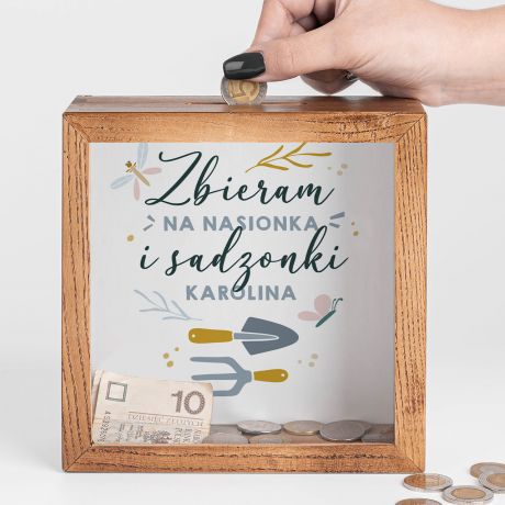 Skarbonka z szybk ZBIERAM NA NASIONKA I SADZONKI prezent dla ogrodnika prezent dla dziakowca