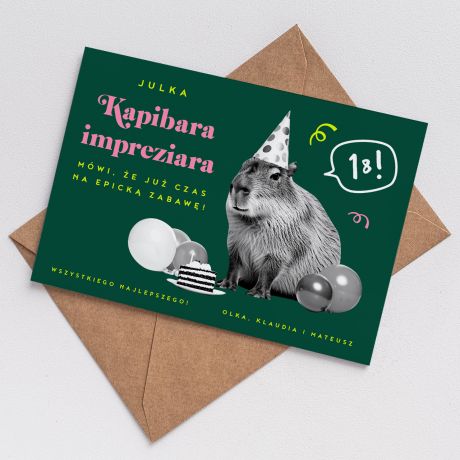 mieszna kartka na 18 urodziny KAPIBARA kartka na 18 upominek na 18 urodziny mieszny prezent na 18