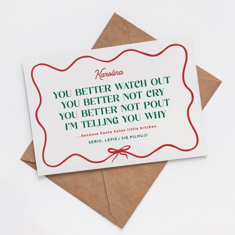 mieszna kartka witeczna dla przyjaciki YOU BETTER WATCH OUT prezent na wita dla przyjaciki