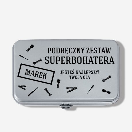 Szara skrzynka metalowa SUPERBOHATER prezent dla ma