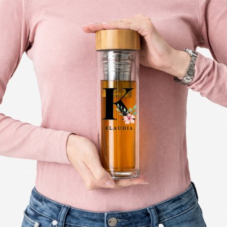 Szklany bidon z nadrukiem IMI� I KWIATY prezent dla niej