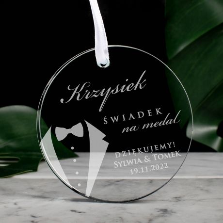 Szklany medal DLA WIADKA zawieszka grawerowana