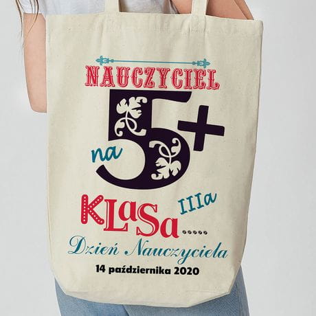 Torba z nadrukiem dla nauczyciela NAUCZYCIEL NA 5+ przydatny prezent dla nauczyciela