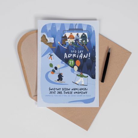 Urodzinowa kartka A4 dla narciarza �WIETNY SEZON prezent dla narciarza kartka urodzinowa