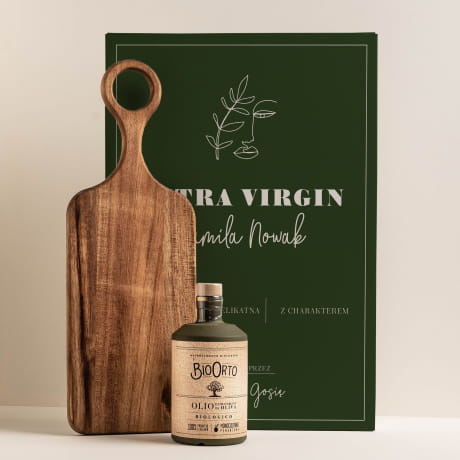 Włoska oliwa z deską z akacji EXTRA VIRGIN prezent dla przyjaciółki