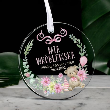 Zawieszka szklana PAMITKA URODZENIA DZIECKA metryczka dziewczynki prezent na narodziny dziecka