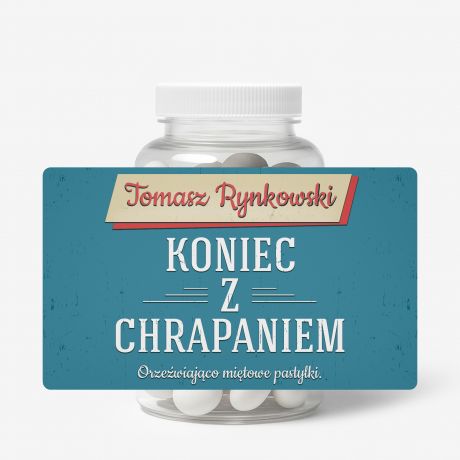 Zestaw cukierkw mitowych z etykiet do personalizacji KONIEC CHRAPANIA prezent dla ma cukierki mitowe