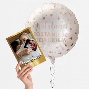 Balon z helem i kartka ze zdjęciem ZOSTANIESZ DZIADKIEM powiadomienie o ciąży
