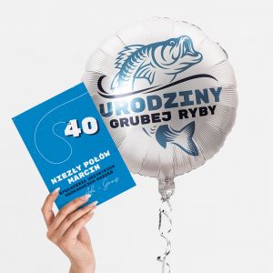 Balon wypełniony helem z personalizowaną kartką PREZENT NA 40 URODZINY DLA WĘDKARZA