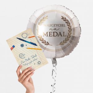 Foliowy balon napeniony helem + dedykowana kartka NAUCZYCIEL NA MEDAL prezent dla polonisty