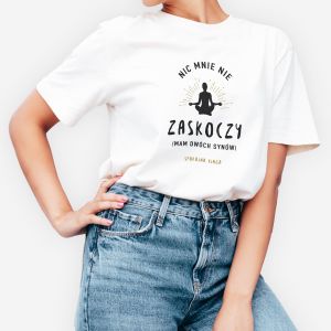 Koszulka damska z nadrukiem ZASKOCZENIE koszulka dla mamy na urodziny - S prezent dla mamy na urodziny