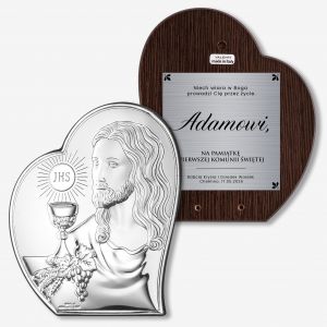 Srebrny obrazek na komuni� PAMI�TKA KOMUNII �WI�TEJ z dedykacj� pami�tka dla dziecka obrazek na komuni�