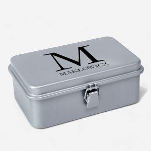 Personalizowana skrzynka metalowa szara MONOGRAM prezent dla faceta skrzynka narzędziowa metalowa