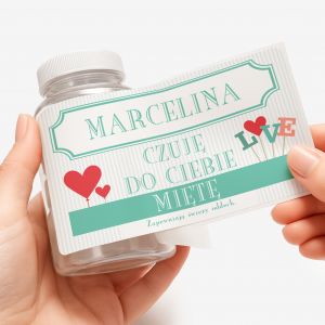 Buteleczka na cukierki mi�towe z personalizowan� etykiet� - prezent dla ukochanej
