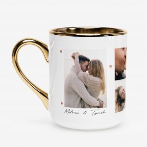 Personalizowany bia�o-z�oty kubek walentynkowy ZAKOCHANI prezent na walentynki ze zdj�ciami kubek na walentynki