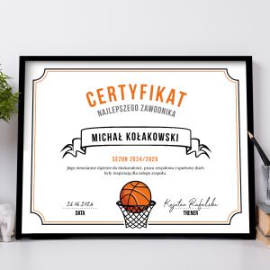 Personalizowany plakat CERTYFIKAT prezent dla koszykarza mvp