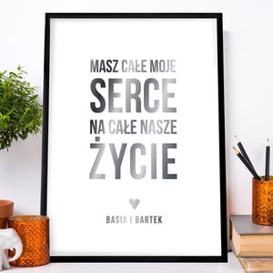 Plakat z uszlachetnieniem srebrny SERCE I MIO prezent dla ony z okazji lubu